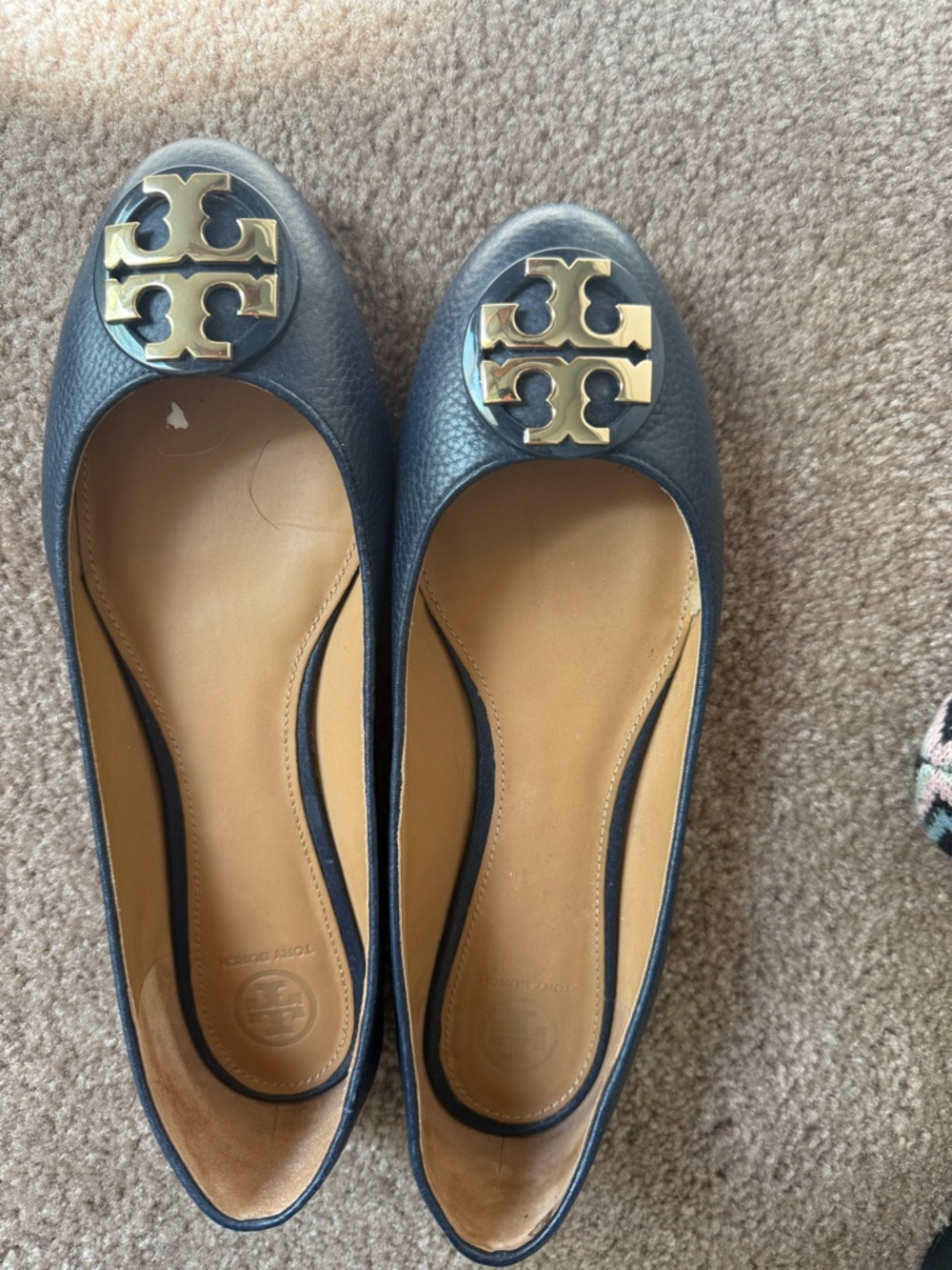 Tory Burch Navy Leather Ballet Flats with Gold Logo
